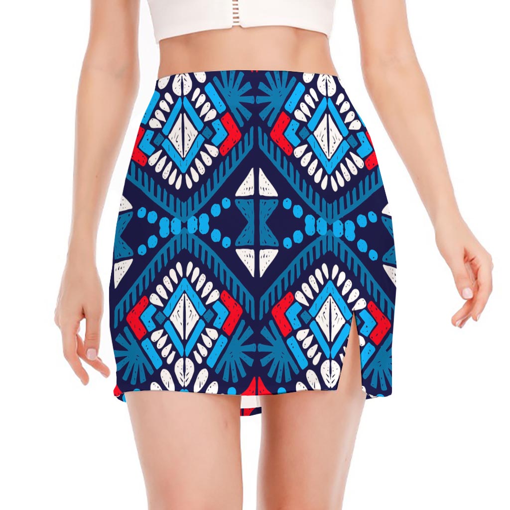 Blue And Red Aztec Pattern Print Side Slit Mini Skirt