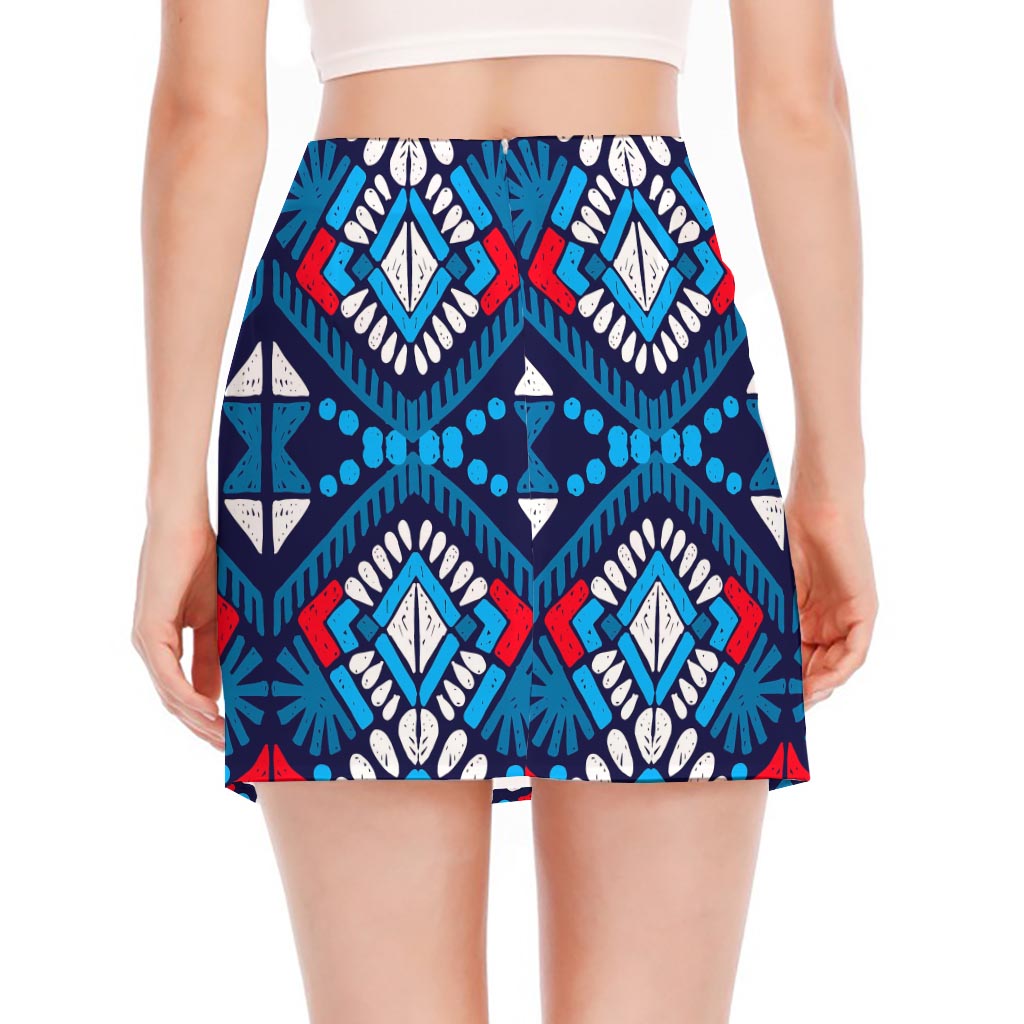 Blue And Red Aztec Pattern Print Side Slit Mini Skirt