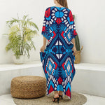 Blue And Red Aztec Pattern Print Silk V-Neck Kaftan Dress
