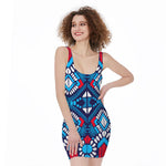Blue And Red Aztec Pattern Print Sleeveless Bodycon Dress