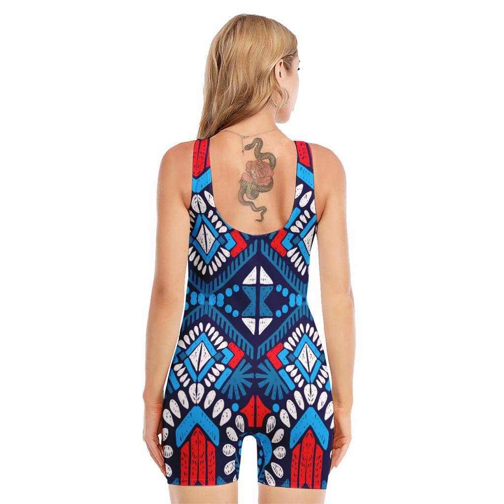 Blue And Red Aztec Pattern Print Sleeveless One Piece Swimsuit