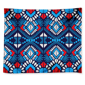Blue And Red Aztec Pattern Print Tapestry