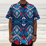 Blue And Red Aztec Pattern Print Textured Short Sleeve Shirt