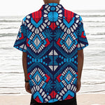 Blue And Red Aztec Pattern Print Textured Short Sleeve Shirt