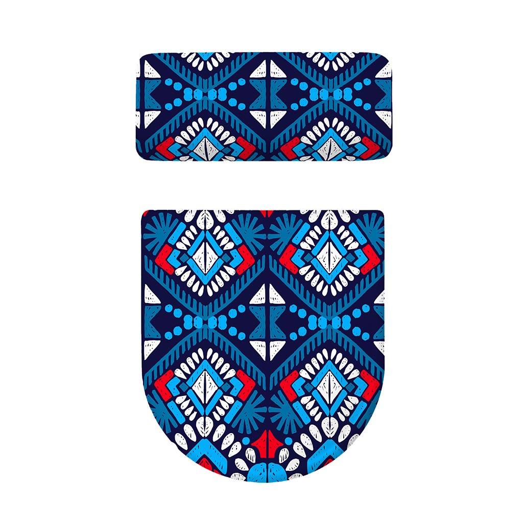 Blue And Red Aztec Pattern Print Toilet Lid And Tank Cover Set