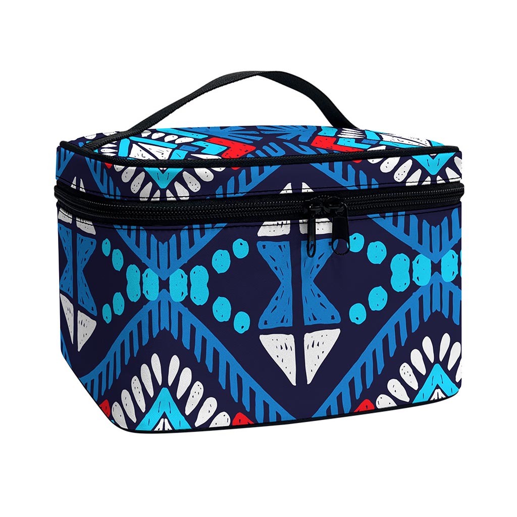 Blue And Red Aztec Pattern Print Travel Makeup Bag