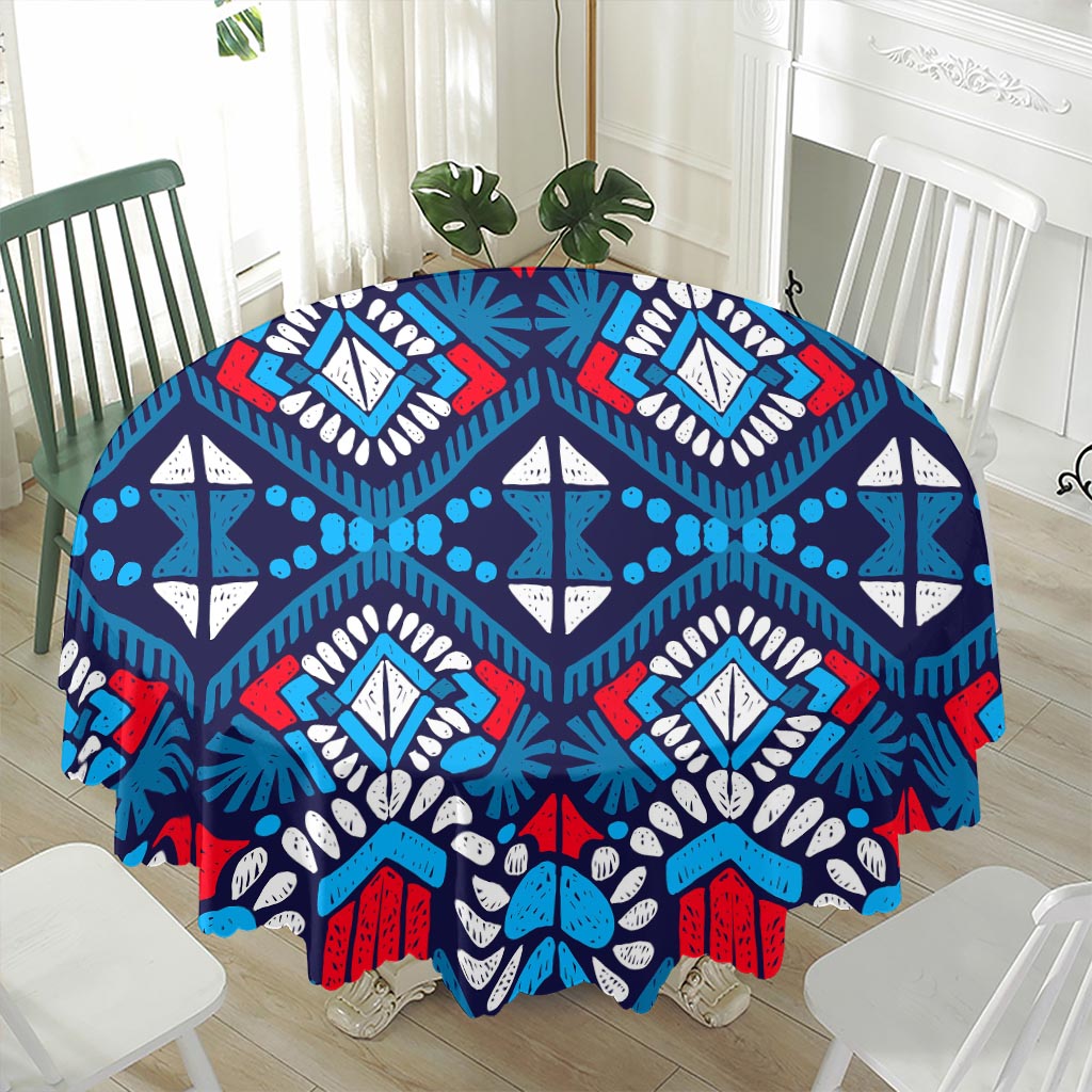 Blue And Red Aztec Pattern Print Waterproof Round Tablecloth