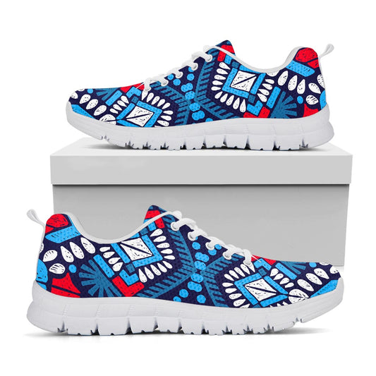 Blue And Red Aztec Pattern Print White Running Shoes