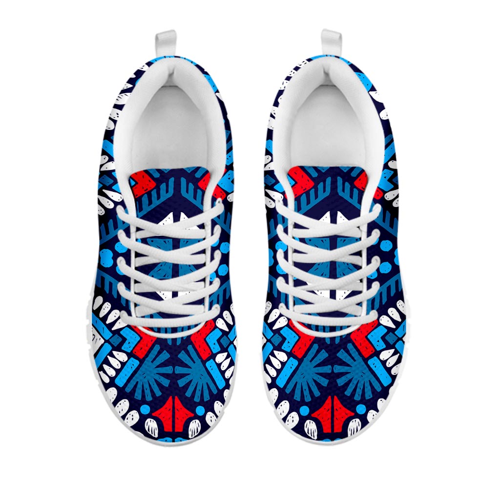 Blue And Red Aztec Pattern Print White Running Shoes