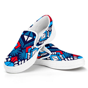 Blue And Red Aztec Pattern Print White Slip On Sneakers