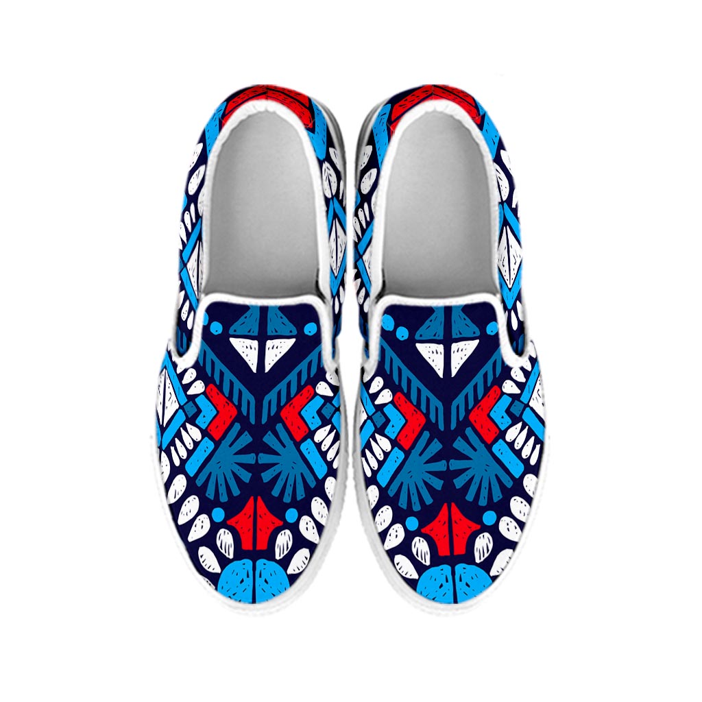 Blue And Red Aztec Pattern Print White Slip On Sneakers