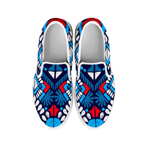 Blue And Red Aztec Pattern Print White Slip On Sneakers