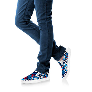 Blue And Red Aztec Pattern Print White Slip On Sneakers