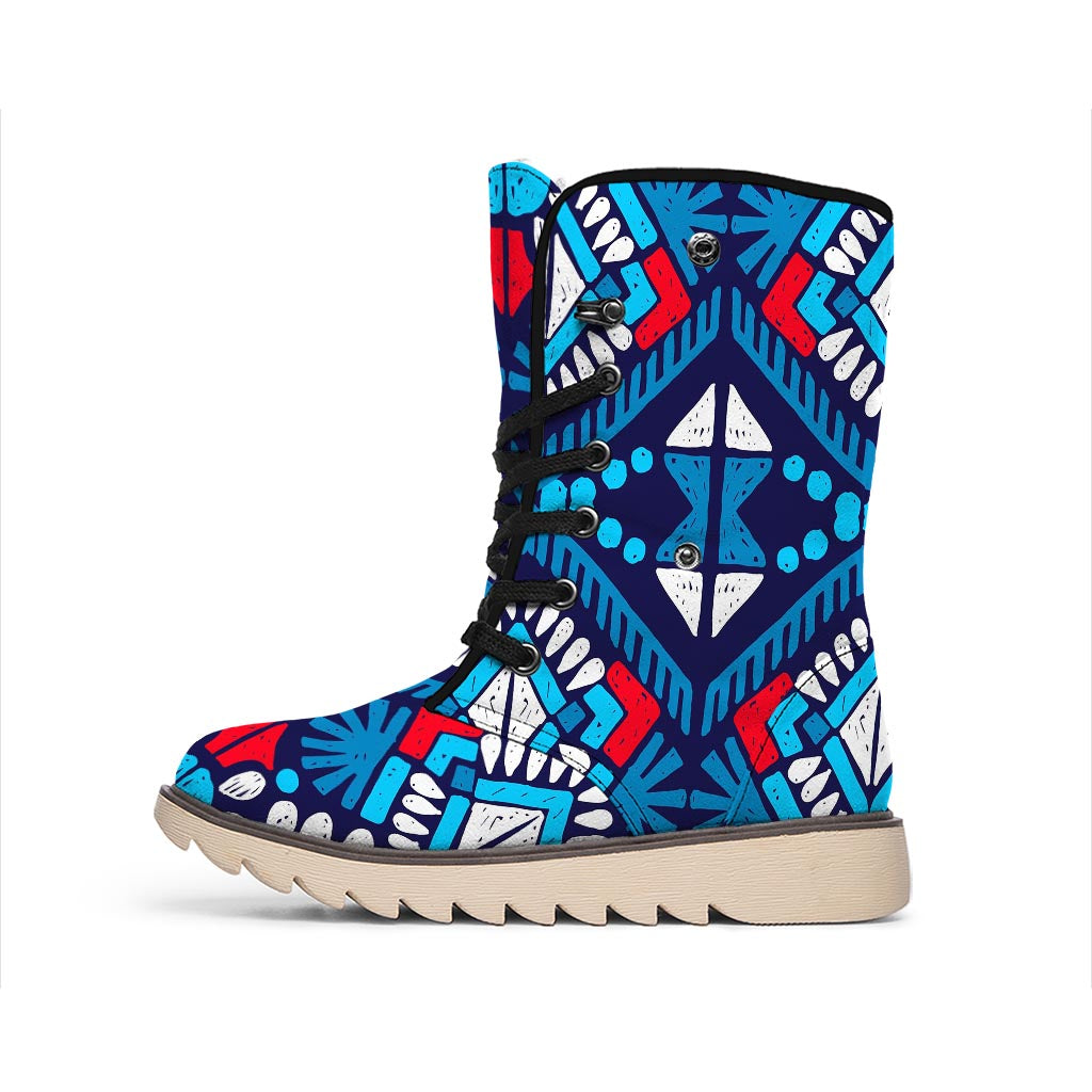 Blue And Red Aztec Pattern Print Winter Boots