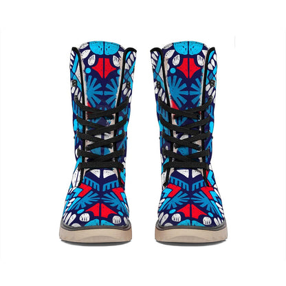 Blue And Red Aztec Pattern Print Winter Boots