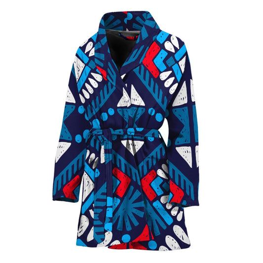 Blue And Red Aztec Pattern Print Women's Bathrobe