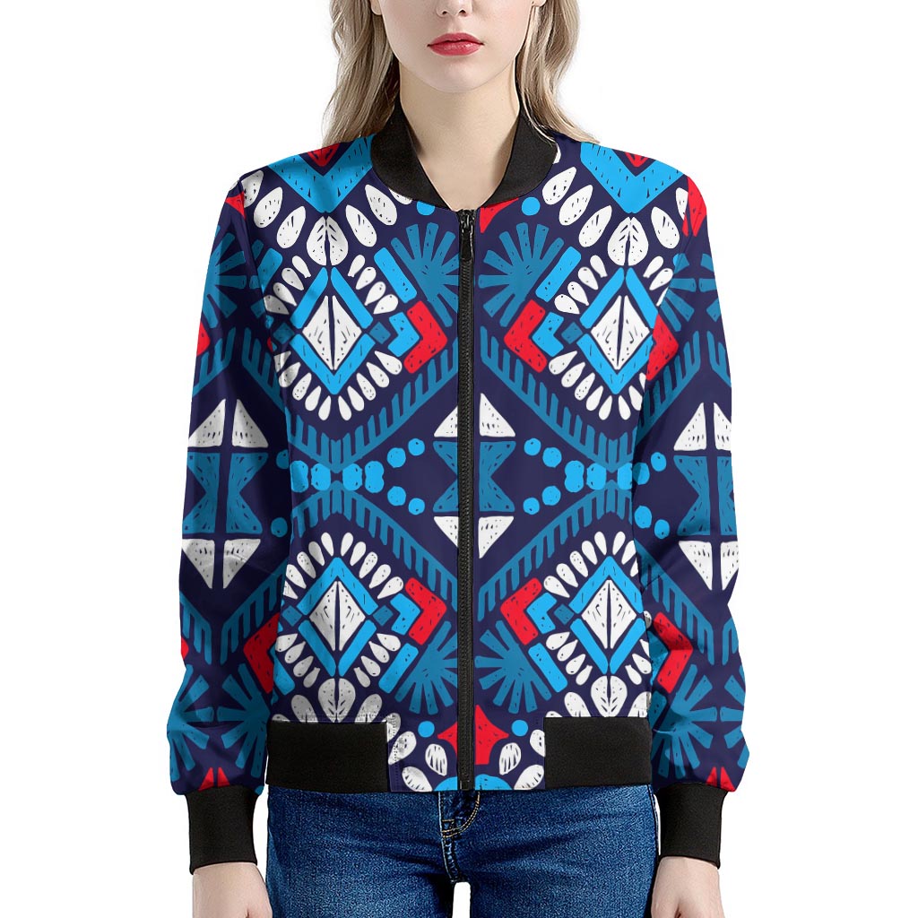 Blue And Red Aztec Pattern Print Women's Bomber Jacket