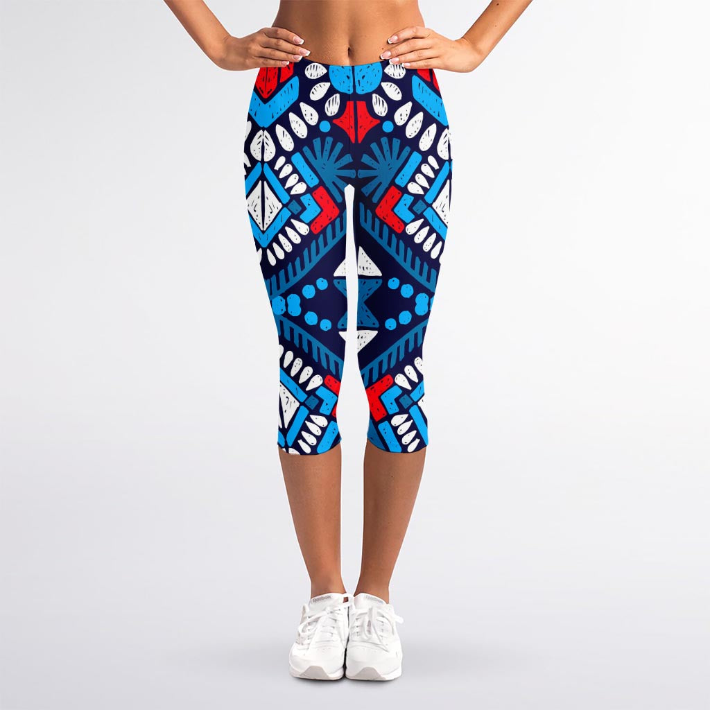 Blue And Red Aztec Pattern Print Women's Capri Leggings