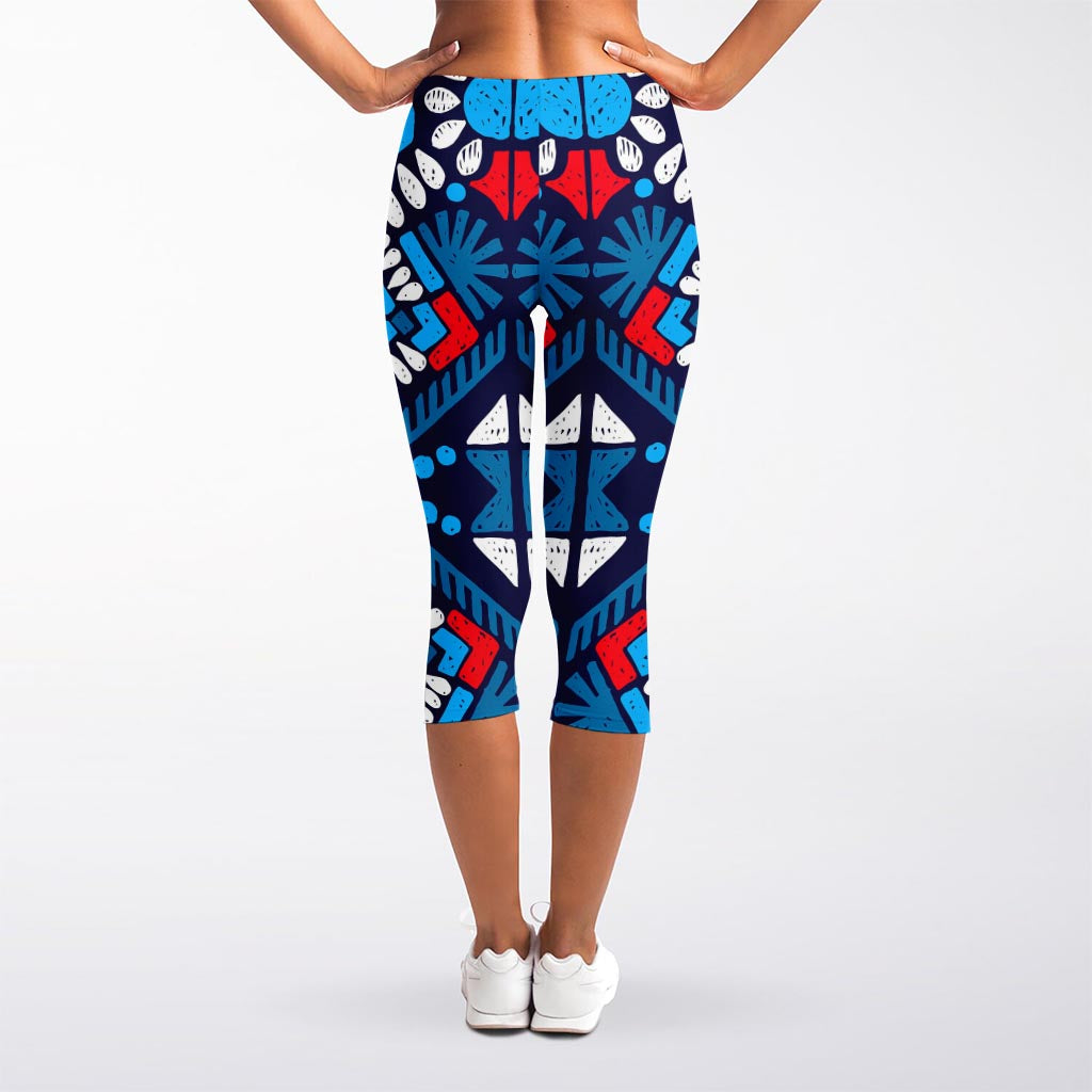 Blue And Red Aztec Pattern Print Women's Capri Leggings