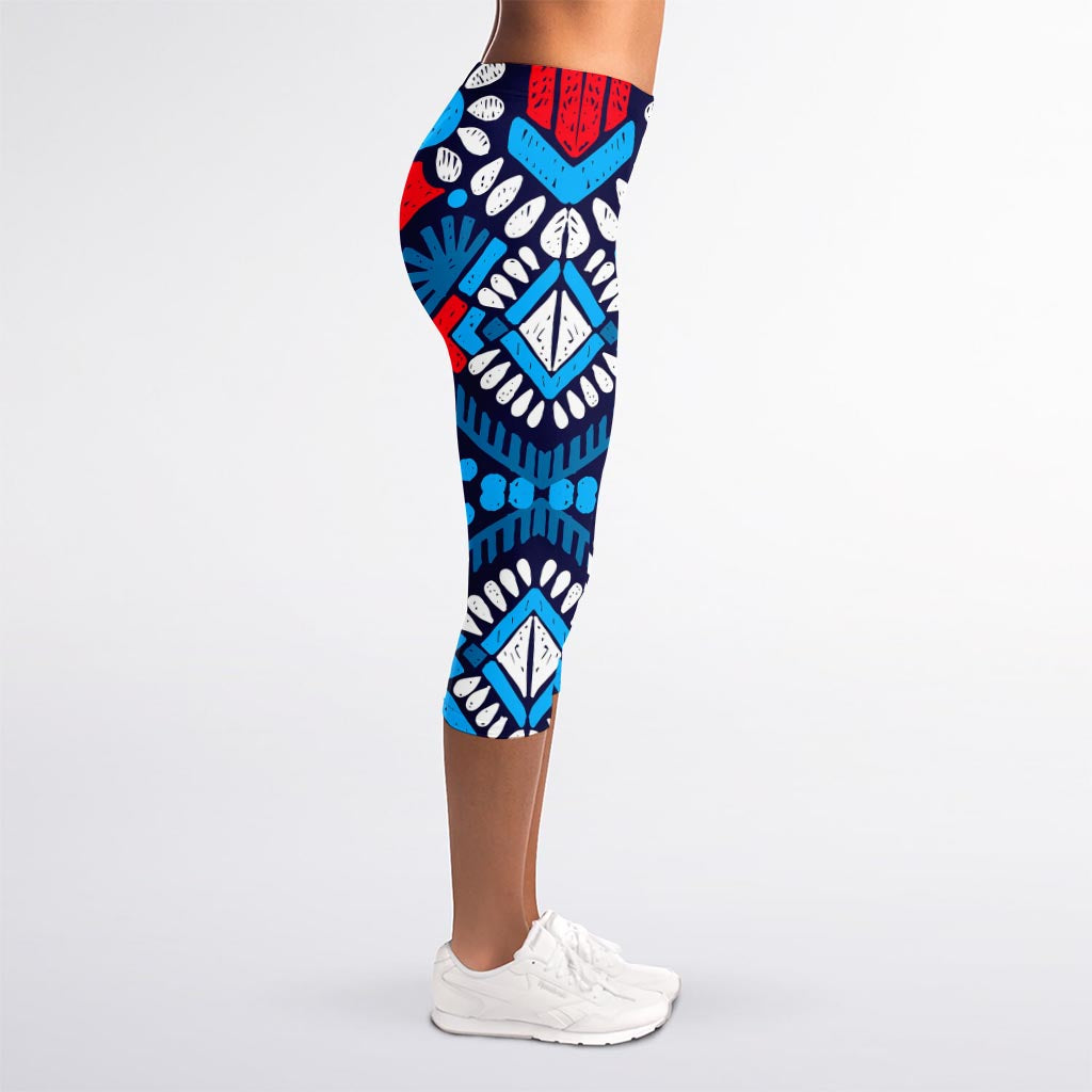 Blue And Red Aztec Pattern Print Women's Capri Leggings