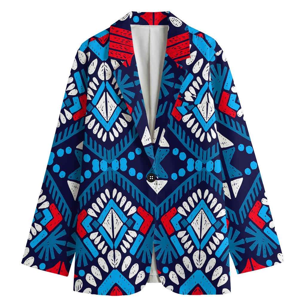 Blue And Red Aztec Pattern Print Women's Cotton Blazer