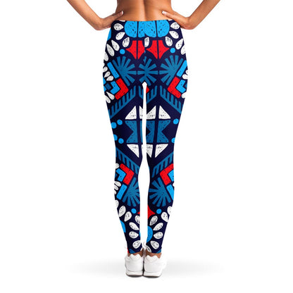 Blue And Red Aztec Pattern Print Women's Leggings