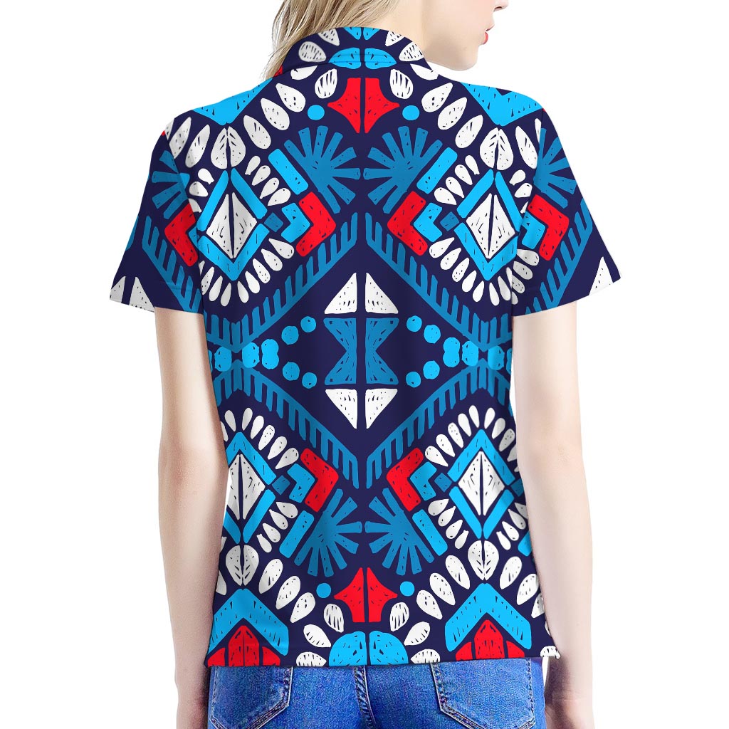 Blue And Red Aztec Pattern Print Women's Polo Shirt
