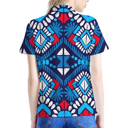 Blue And Red Aztec Pattern Print Women's Polo Shirt