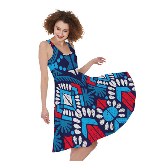Blue And Red Aztec Pattern Print Women's Sleeveless Dress