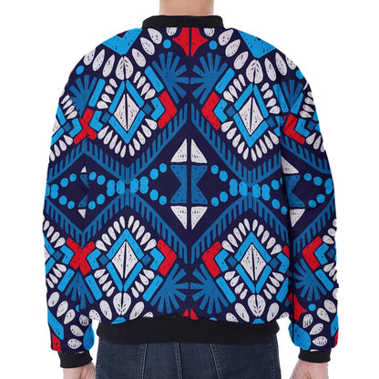 Blue And Red Aztec Pattern Print Zip Sleeve Bomber Jacket