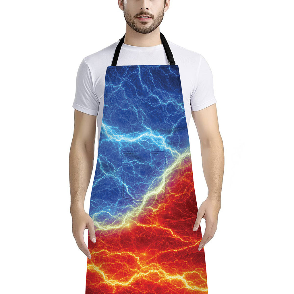 Blue And Red Lightning Print Bib Apron With Pocket