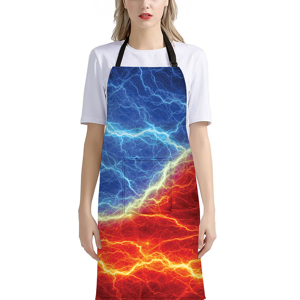 Blue And Red Lightning Print Bib Apron With Pocket