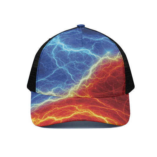 Blue And Red Lightning Print Black Mesh Trucker Cap