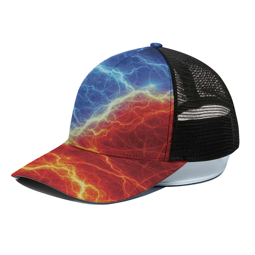 Blue And Red Lightning Print Black Mesh Trucker Cap