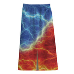 Blue And Red Lightning Print Cotton Front Slit Maxi Skirt