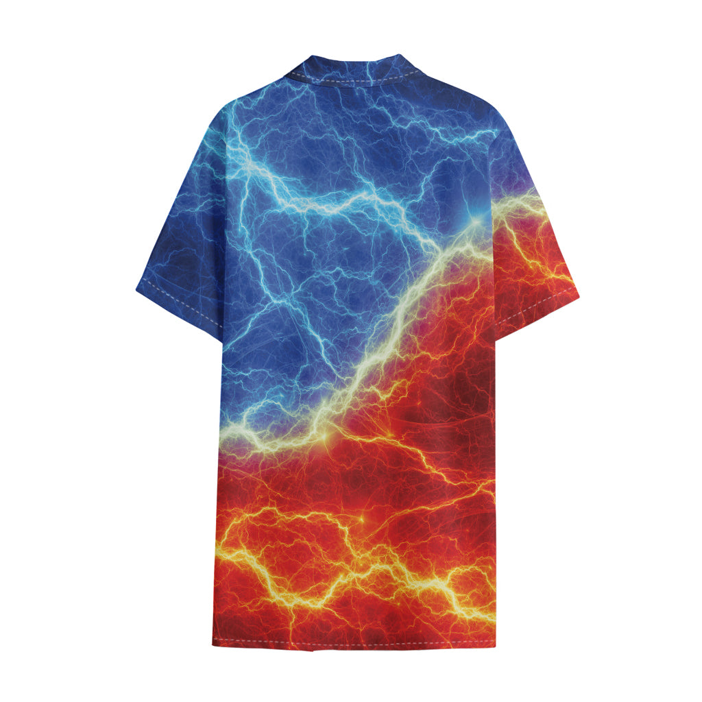Blue And Red Lightning Print Cotton Hawaiian Shirt