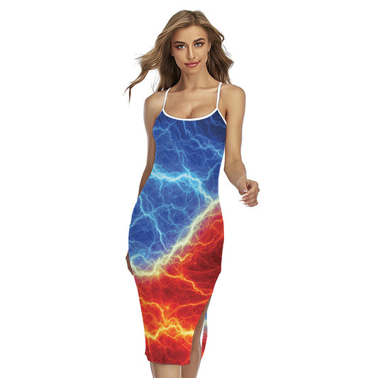 Blue And Red Lightning Print Cross Back Cami Dress