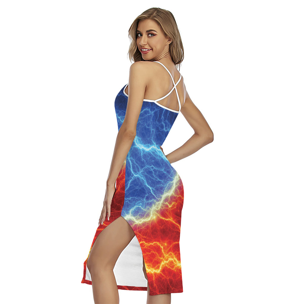 Blue And Red Lightning Print Cross Back Cami Dress