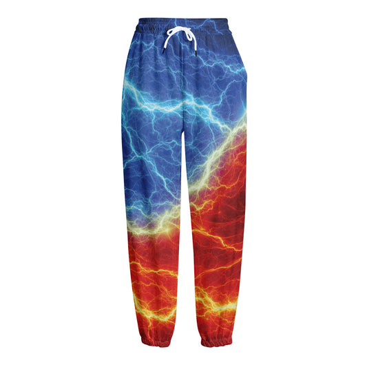 Blue And Red Lightning Print Fleece Lined Knit Pants