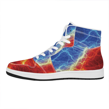Blue And Red Lightning Print High Top Leather Sneakers