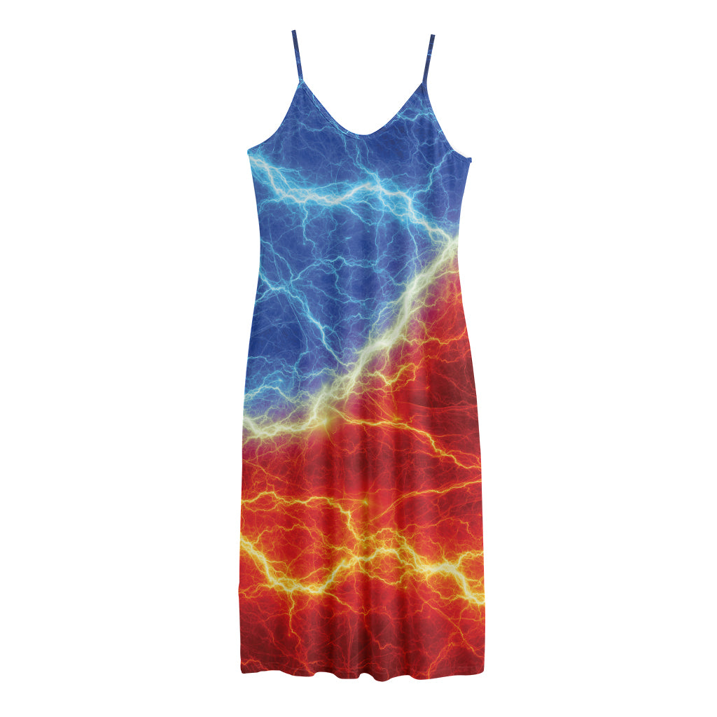 Blue And Red Lightning Print Jersey Midi Cami Dress