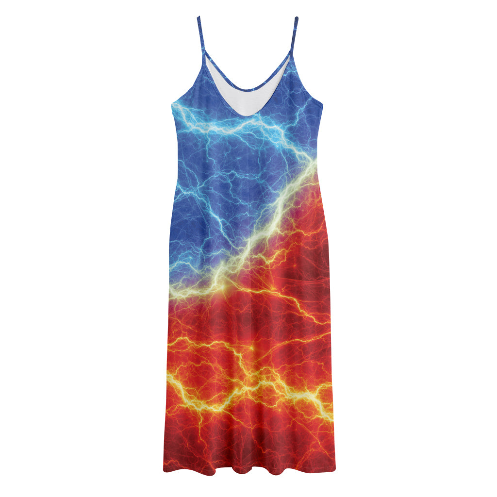 Blue And Red Lightning Print Jersey Midi Cami Dress