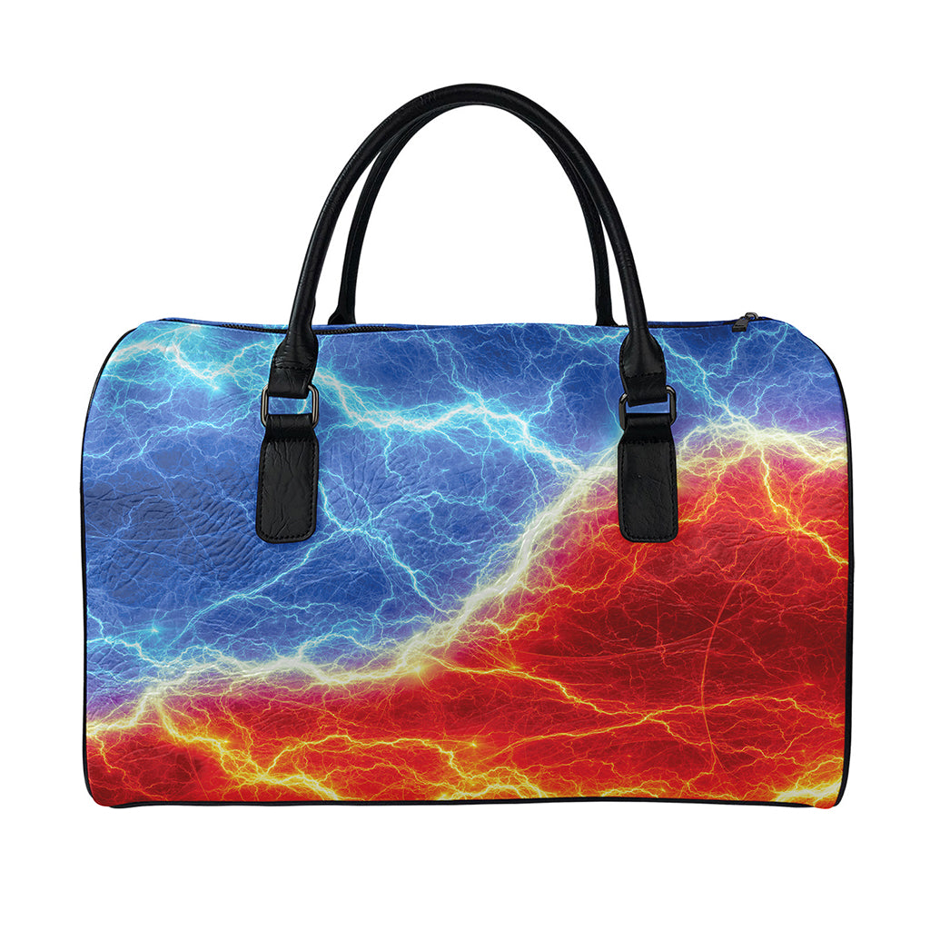 Blue And Red Lightning Print Leather Duffle Bag