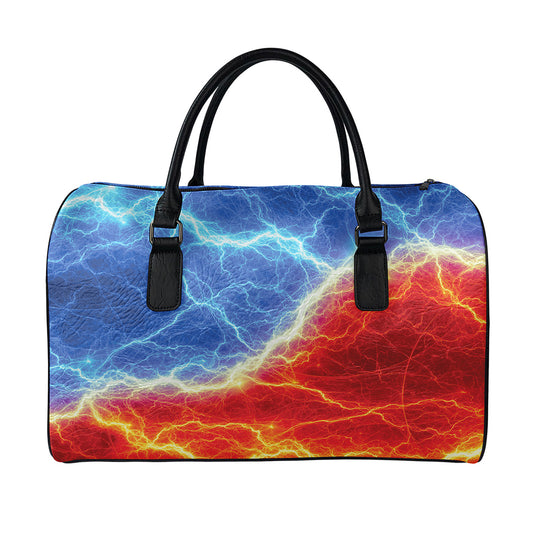 Blue And Red Lightning Print Leather Duffle Bag