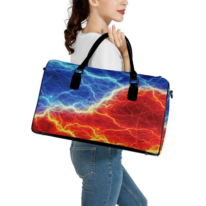Blue And Red Lightning Print Leather Duffle Bag