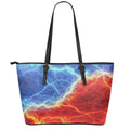 Blue And Red Lightning Print Leather Tote Bag With Zipper