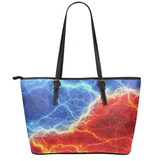 Blue And Red Lightning Print Leather Tote Bag