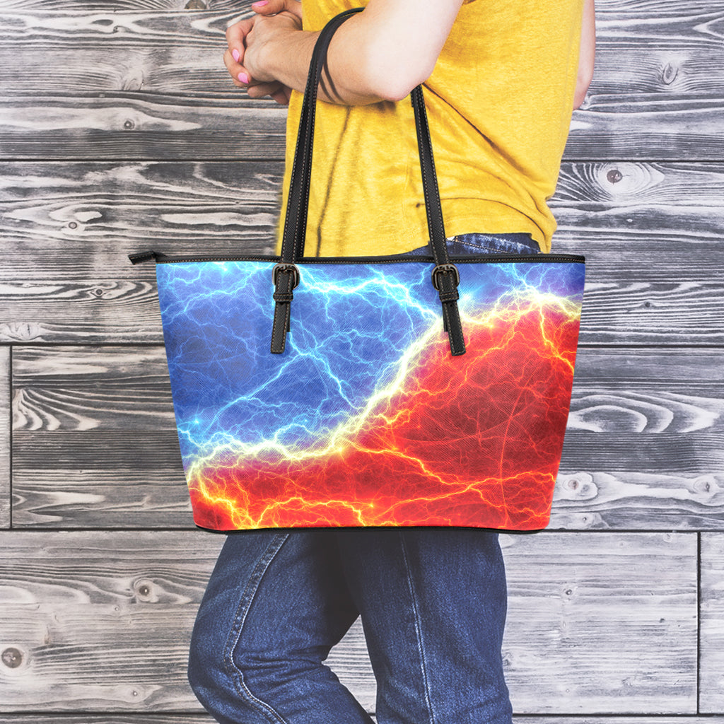 Blue And Red Lightning Print Leather Tote Bag