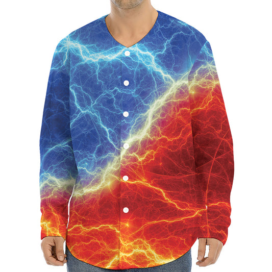 Blue And Red Lightning Print Long Sleeve Baseball Jersey