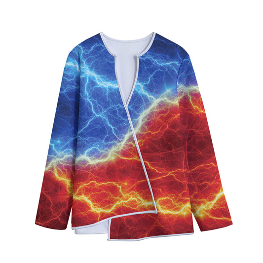 Blue And Red Lightning Print Long Sleeve Short Coat